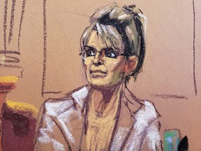 Sarah Palin is questioned by New York Times lawyer David Axelrod during her defamation lawsuit trial against the New York Times, at the U.S. Courthouse in the Manhattan borough of New York City, Thursday, Feb. 10, 2022 in this courtroom sketch.