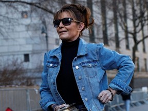 Sarah Palin, 2008 Republican vice presidential candidate and former Alaska governor, arrives for her defamation lawsuit against the New York Times, at the United States Courthouse in the Manhattan borough of New York City, U.S., February 15, 2022.  REUTERS
