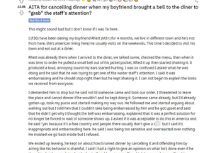 A woman bailed on a date with her boyfriend because she says he brought his own bell to the restaurant and used it to continuously flag down staffers.