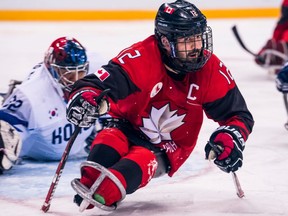 Canada's Greg Westlake takes part in the Para Ice Hockey competition in 2018 in PyeongChang. It was his fourth Paralympics, and he is scheduled to compete in his fifth in Beijing in March 2022.