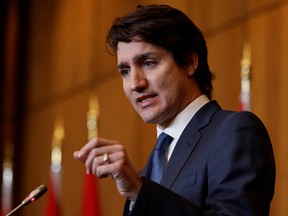 Prime Minister Justin Trudeau takes part in a news conference in Ottawa February 21, 2022.