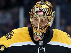 Tuukka Rask of the Boston Bruins looks on during the second period of the game against the Tampa Bay Lightning at TD Garden on Oct. 17, 2019 in Boston.