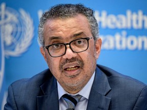 In this file photo taken Dec. 20, 2021, World Health Organization Director-General Tedros Adhanom Ghebreyesus gives a press conference at WHO headquarters in Geneva.