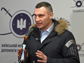 Kyiv mayor Vitaly Klitschko speaks during visit to a volunteers recruitment centre in Kiev on February 2, 2022.