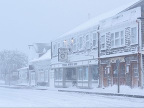 A view of buildings and a street covered in snow in Nantucket, Mass., Jan. 29, 2022 in this picture obtained from social media.