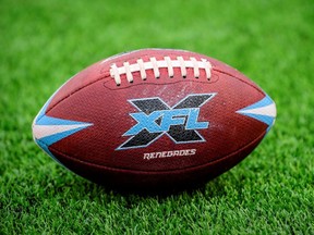 A view of an XFL football on the field before a game between the Dallas Renegades and the St. Louis Battlehawks at Globe Life Park in Arlington, Texas, Feb. 9, 2020.