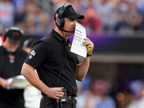 Head coach Zac Taylor of the Cincinnati Bengals calls a play during Super Bowl LVI against the Los Angeles Rams at SoFi Stadium on February 13, 2022 in Inglewood, California.