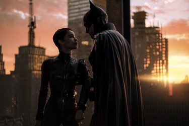 Zoe Kravitz and Robert Pattinson in a scene from The Batman.