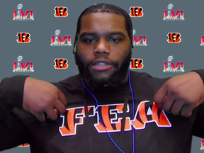 Zach Kerr shows off the FEA on his shirt during Thursday's Cincinnati Bengals pre-Super Bowl media Zoom availability