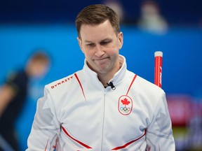 Team Canada skip Brad Gushue reacts during semi-final men’s curling action against Sweden at the Beijing 2022 Winter Olympics on Thursday, February 17, 2022. Gavin Young/Postmedia