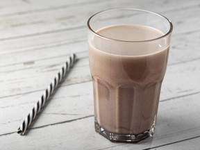 Glass with chocolate milk on the table.