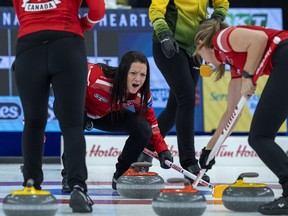 Team Canada skip Kerri Einarson directs her team as they play Northern Ontario in championship action at the Scotties Tournament of Hearts at Fort William Gardens in Thunder Bay, Ont., on Sunday, Feb. 6, 2022.