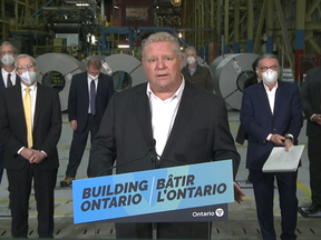 An image from video of Premier Doug Ford speaking at an announcement in Hamilton on Tuesday, Feb. 15, 2022.