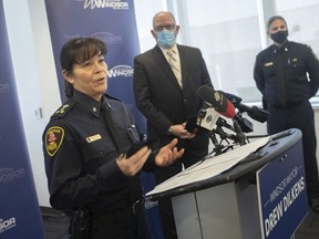 Windsor police chief, Pam Mizuno, and Mayor Drew Dilkens, provide an update on the on-going anti-mandate protests at the Ambassador Bridge on Wednesday, Feb. 9, 2022.
