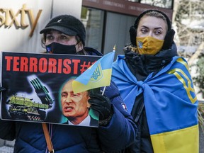 A demonstration against Russia's invasion of Ukraine was held in front of the Russian Consulate in Toronto on Thursday, Feb. 24, 2022.