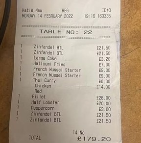 A couple racked up a hefty bill and then left without paying for their Valentine’s Day meal at The Mill pub in England. FACEBOOK/THE MILL