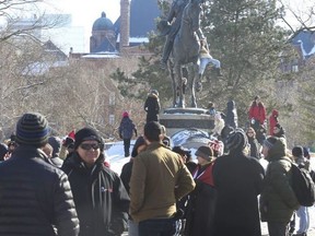 A few hundred protestors gathered north of Queen's Park yesterday, but there was no sign of any trucks on Sunday.