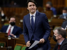 Prime Minister Justin Trudeau speaks during Question Period in the House of Commons on Feb. 21, 2022.