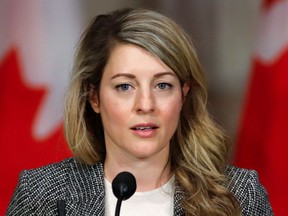 Canada’s Minister of Foreign Affairs Melanie Joly speaks at a news conference about the situation in Ukraine, in Ottawa, Ontario, Canada, February 22, 2022.