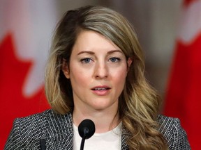 Canada's Minister of Foreign Affairs Melanie Joly speaks at a news conference about the situation in Ukraine, in Ottawa, Ontario, Canada, February 22, 2022.