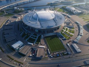 An aerial view shows the Gazprom Arena soccer stadium in St Petersburg, Russia May 25, 2021.