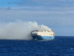 The ship, Felicity Ace, which was traveling from Emden, Germany where Volkswagen has a factory, to Davisville, in the U.S. state of Rhode Island, burns more than 100 km from the Azores islands, Portugal, February 17, 2022.