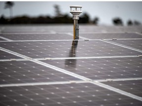This picture taken on February 3, 2022 shows a section of solar power generation facilities at the Fukushima hydrogen energy research field in the town of Namie in Fukushima prefecture.