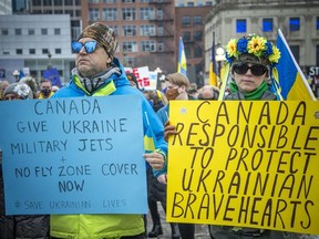 A large group gathered on Parliament Hill to stand in solidarity with Ukraine and what is happening between Russia and Ukraine, Sunday, March 6, 2022.