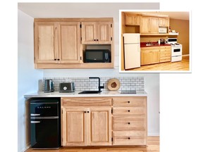 BEFORE AND AFTER: This little kitchen space is just one of 22 suites built for North Star*, C&J’s new hotel project in Cape Breton, Nova Scotia.