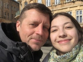 Victoria lawyer Stanley Osobik, 53, who travelled to Ukraine to help friends and family, took this selfie when meeting his 23-year-old niece Anastasia for the very first time in Lviv, Ukraine on Saturday, March 12, 2022. Photo: Stanley Osobik