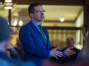 Conservative Party of Canada leadership candidate Pierre Poilievre speaks to a group of supporters March 17, 2022 at the Belleville Club in Belleville, Ont.