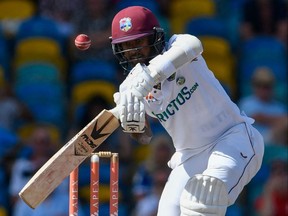 Kraigg Brathwaite of West Indies bats during the fifth and final day of the second Test between West Indies and England at Kensington Oval, Bridgetown, Barbados, on March 20, 2022.