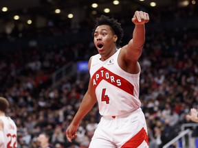 Scottie Barnes of the Toronto Raptors reacts to a call.