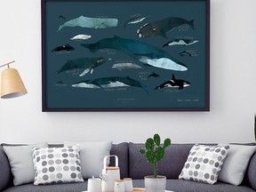 Correctly arranged artwork can make or break a room’s look. Whale Art Print, from $40. (www.simons.ca)