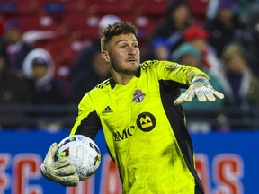 Toronto FC goalkeeper Alex Bono  in action during the match against FC Dallas at Toyota Stadium.