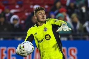 Toronto FC goalkeeper Alex Bono  in action during the match against FC Dallas at Toyota Stadium.