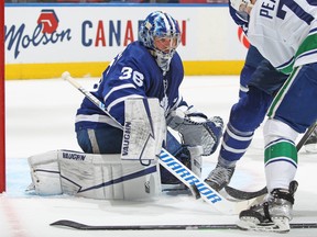 Jack Campbell #36 of the Toronto Maple Leafs makes a stop against the Vancouver Canucks during an NHL game at Scotiabank Arena on March 5, 2022 in Toronto.