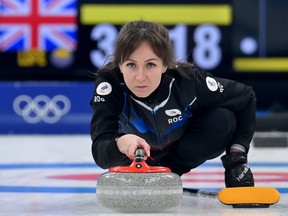 Alina Kovaleva of Team ROC competes against Team Great Britain during the Women’s Curling Round Robin Session on Day 13 of the Beijing 2022 Winter Olympic Games at National Aquatics Centre on February 17, 2022 in Beijing, China.