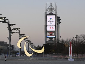 The general view of Paralympic symbols and countdown board for the opening ceremony in Olympic park during on March 1, 2022 in Beijing.