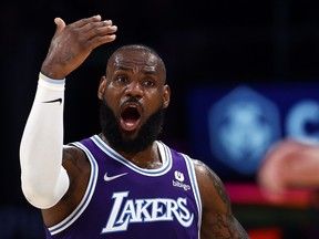 LeBron James of the Los Angeles Lakers reacts against the Washington Wizards.