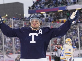 Auston Matthews celebrates his goal against Buffalo on Sunday before delivering a cross-check that netted him a two-game suspension.
