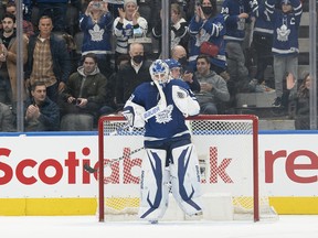 Maple Leafs goaltender Erik Kallgren celebrates a shutout win at the end of the third period against the Dallas Stars at Scotiabank Arena.