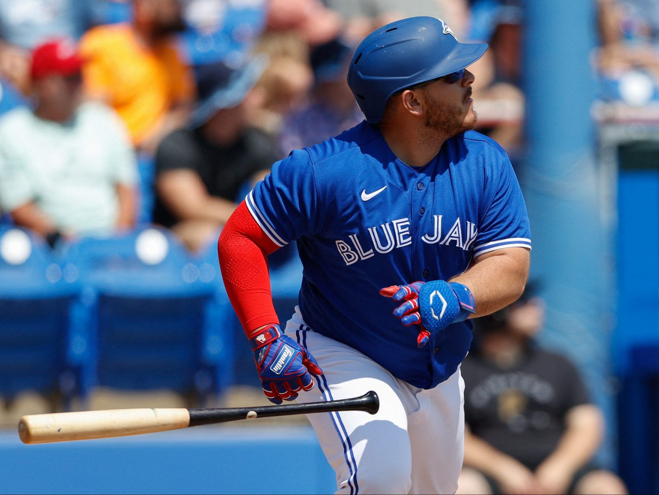 Toronto Blue Jays' Greg Bird flies out during a spring training