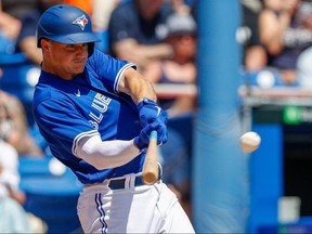 Blue Jays third baseman Matt Chapman takes a hack during an at-bat against the Yankees in Dunedin on Tuesday. The Blue Jays won the game 9-2.