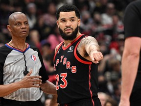 Raptors guard Fred VanVleet (23) discusses a call with game officials in the first half against the Cleveland Cavaliers at Scotiabank Arena.