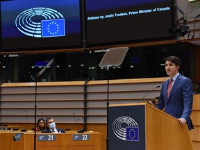 Prime Minister Justin Trudeau talks during a plenary session of the European Parliament at the EU headquarters in Brussels, on March 23, 2022.