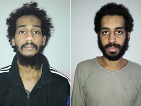 This file photo combination of pictures created on February 11, 2018 from two handout images shows captured British Islamic State (IS) group fighters El Shafee el-Sheikh (left) and Alexanda Kotey.