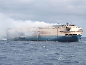 The ship, Felicity Ace, burns more than 100 km from the Azores islands, Portugal, February 18, 2022.