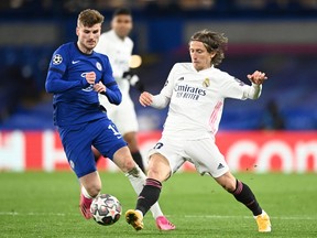 Chelsea's Timo Werner in action against Real Madrid's Luka Modric during Champions League play May 5, 2021.