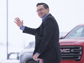 Pierre Poilievre arrives to a press conference at Brandt Tractor Ltd. in Regina on Friday, March 4, 2022.